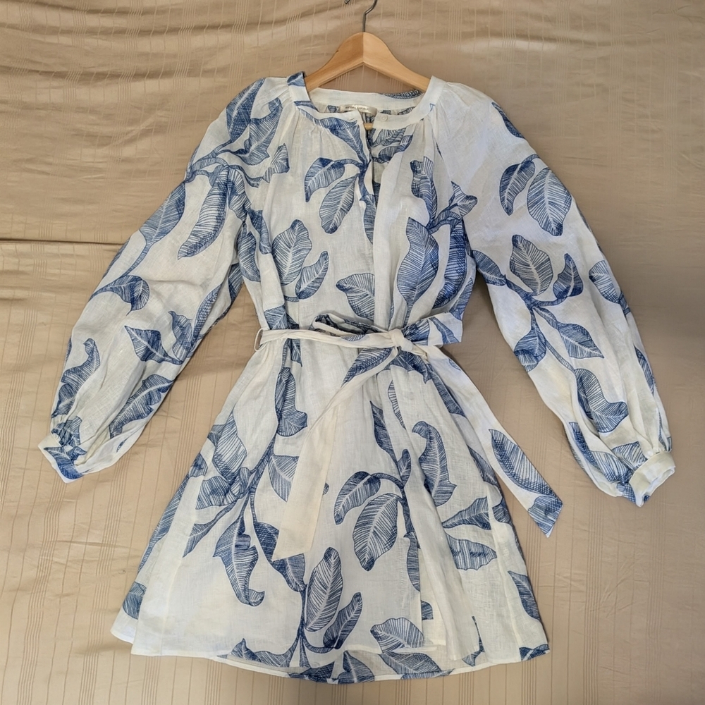 Banana Republic White Dress with Blue Leaf Pattern